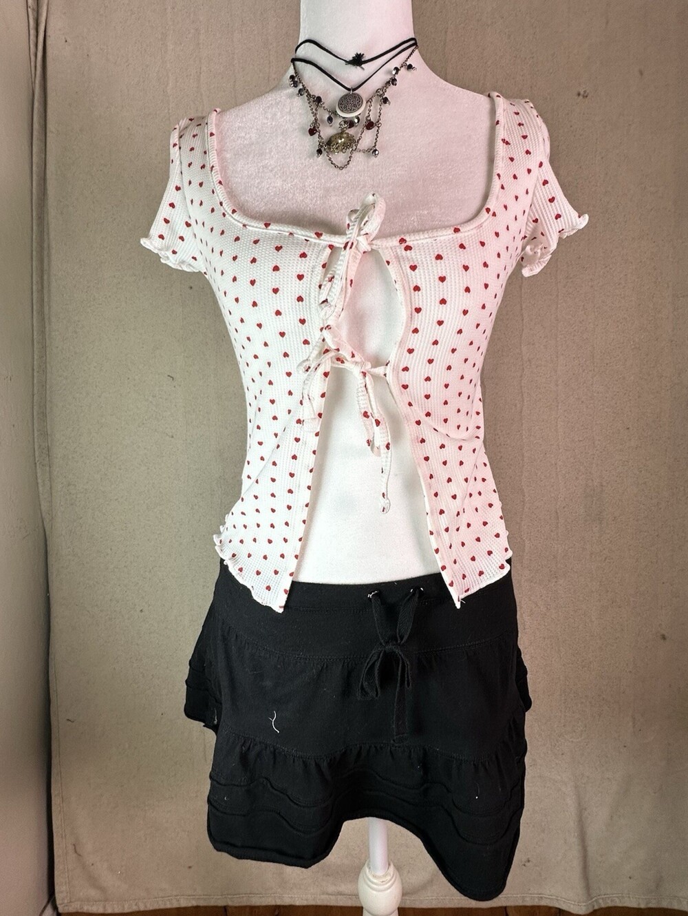 Y2K Style  Tie Front Soft Girl  Waffle Knit  Coquette Layering Heart Print Sz Xs